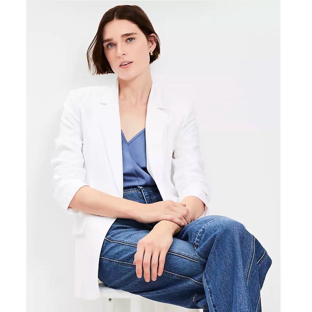 LOFT Women's White Rayon Blend Lined 3/4 Sleeve Blazer Suit Jacket Size 12